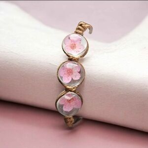 Hand Crafted Gold-Tone Bracelet with Pink Floral Cabochons